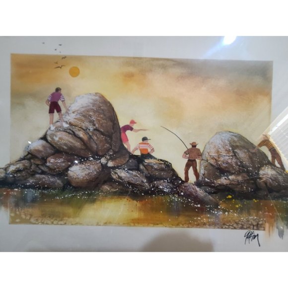 Signed Watercolor Framed Fishing Scene - Picture 4 of 12